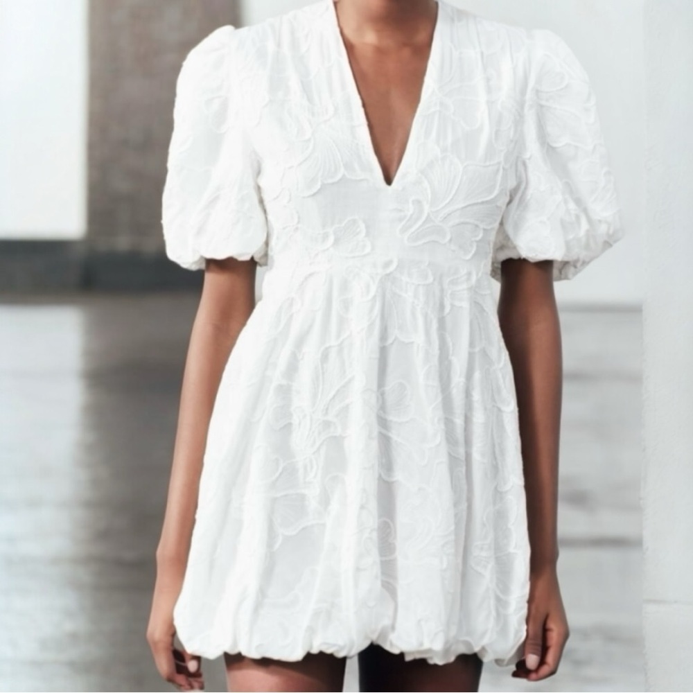 Christian Lacroix Floral Embroidery V Neck Puff Sleeve Bubble Hem Mini Dress - Picture 4 of 16